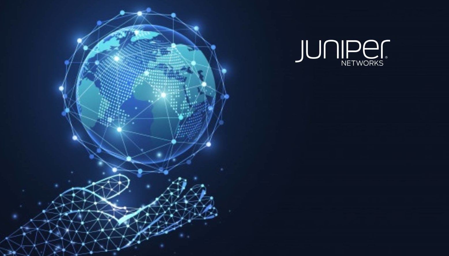 A digital hand composed of blue dots holds a glowing wireframe globe, featuring the Juniper Networks logo and highlighting the Diversity Partner Program on a dark background.