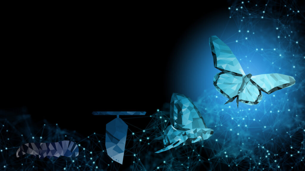 A polygonal illustration showing the metamorphosis of a butterfly, from caterpillar to chrysalis to butterfly, set against a blue digital network background.