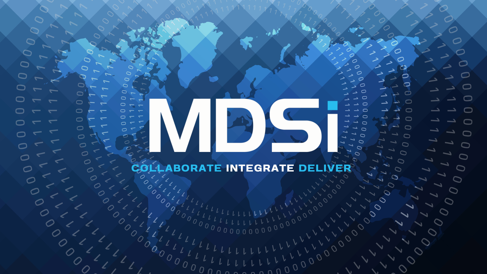 MDSi logo with the words "Collaborate Integrate Deliver" over a world map and binary code backdrop, highlighting MDSi partners working to build schools in Sudan.