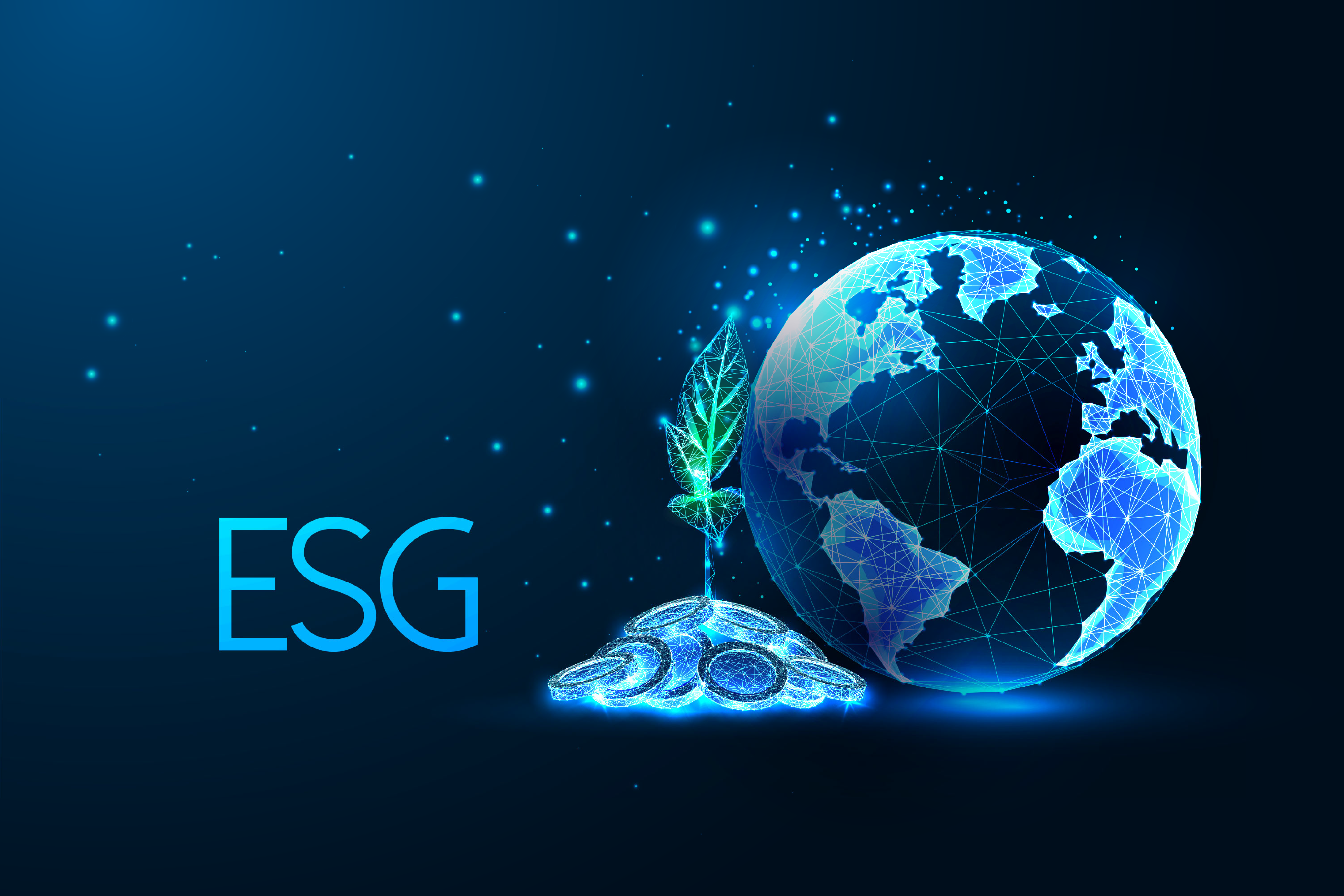 Digital illustration of a glowing earth with a connected network pattern, a sprouting plant symbolizing sustainability, and the letters "ESG" on a dark blue background.