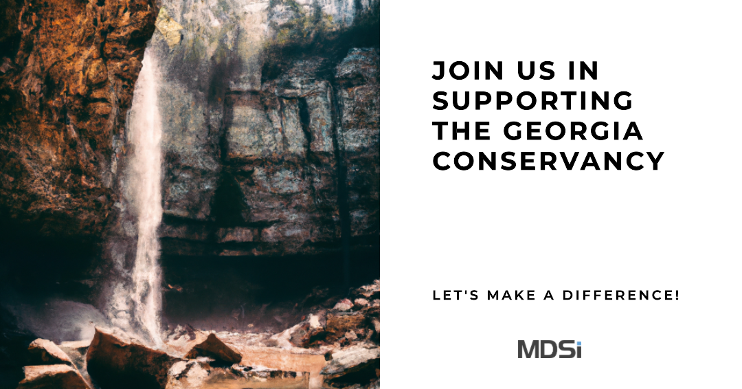 Vertical waterfall cascades through rugged rocks beside text promoting conservation and sustainable land use with the Georgia Conservancy, featuring the MDSi logo at the bottom.
