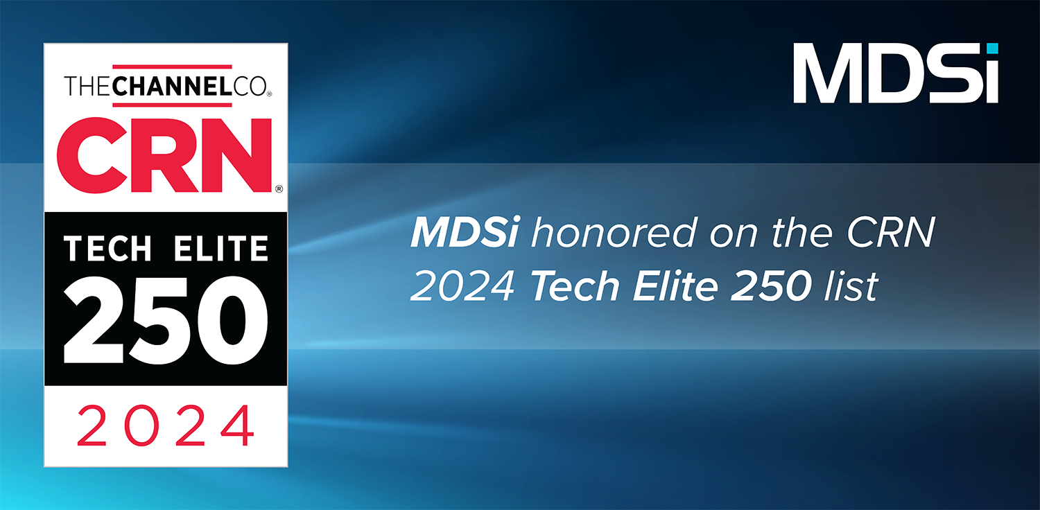 A CRN Tech Elite 250 2024 badge appears beside text announcing MDSi is honored on the CRN Tech Elite 250 list for 2024, with the MDSi logo displayed on the right.