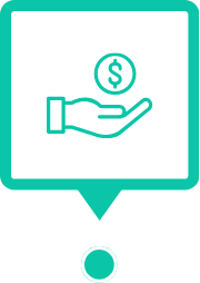 An icon of a hand holding a coin with a dollar sign inside a teal location marker.
