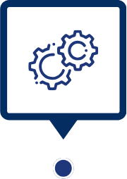 Icon of two interlocking gears inside a blue-bordered square, with a pointed bottom and a circle below, resembling a map marker.
