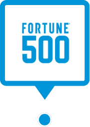 Fortune 500 logo, featuring blue text "FORTUNE 500" inside a speech bubble with a blue outline and dot.
