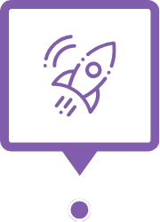 Purple icon of a stylized rocket launching, enclosed in a speech bubble shape with a triangular pointer at the bottom.