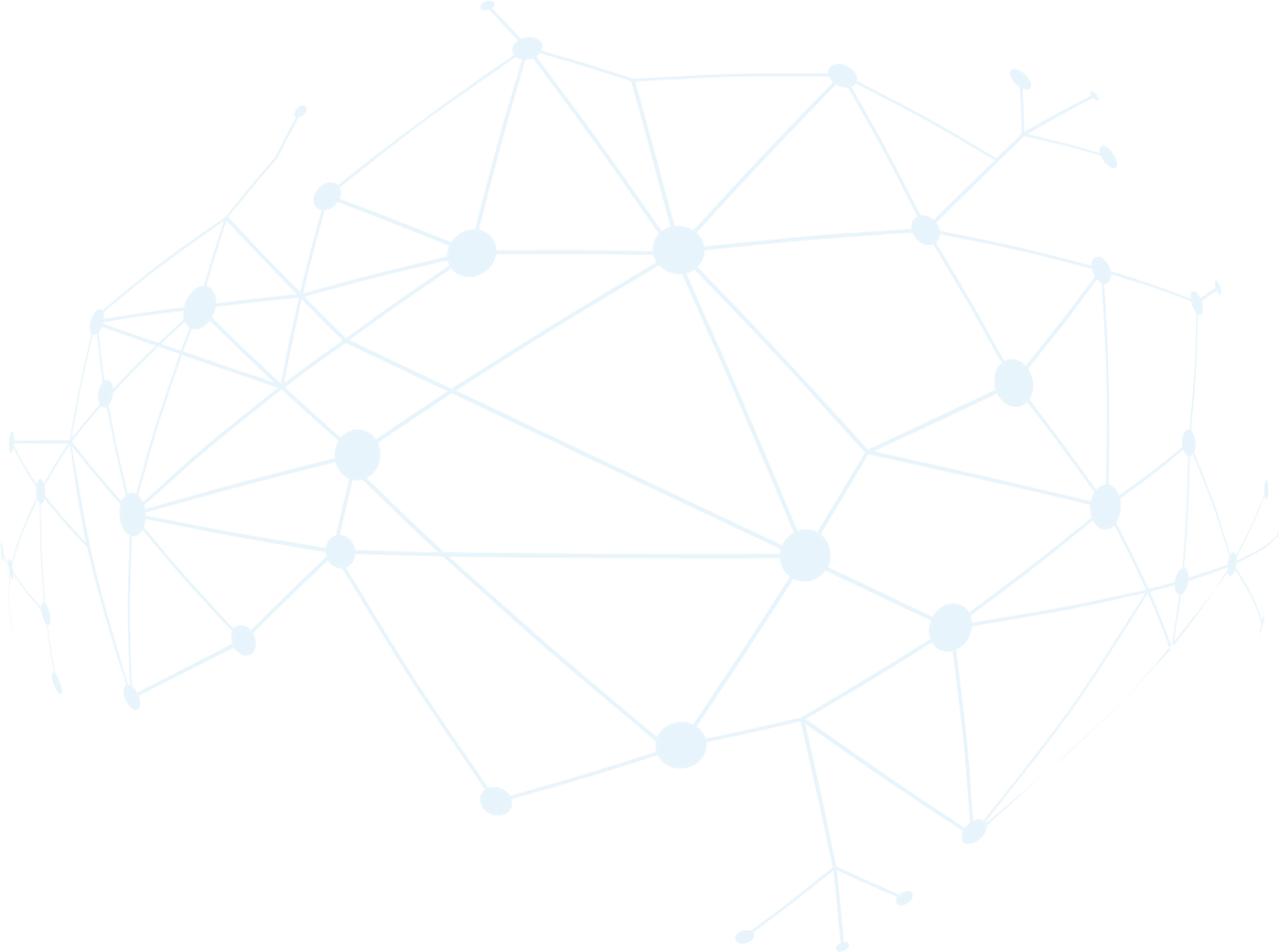 Blue network lines and nodes forming a brain-like shape on a white background.