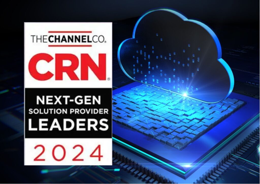 CRN Next-Gen Solution Provider Leaders 2024 logo beside a digital cloud icon on a circuit board background.