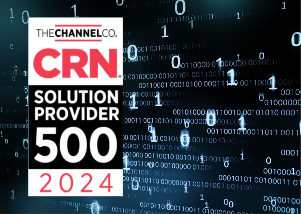 CRN Solution Provider 500 2024 logo on a background of binary code (0s and 1s) in dark colors.