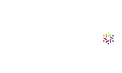 A colorful pinwheel logo with multiple segments in a circular pattern is positioned on the right side of a mostly white background.