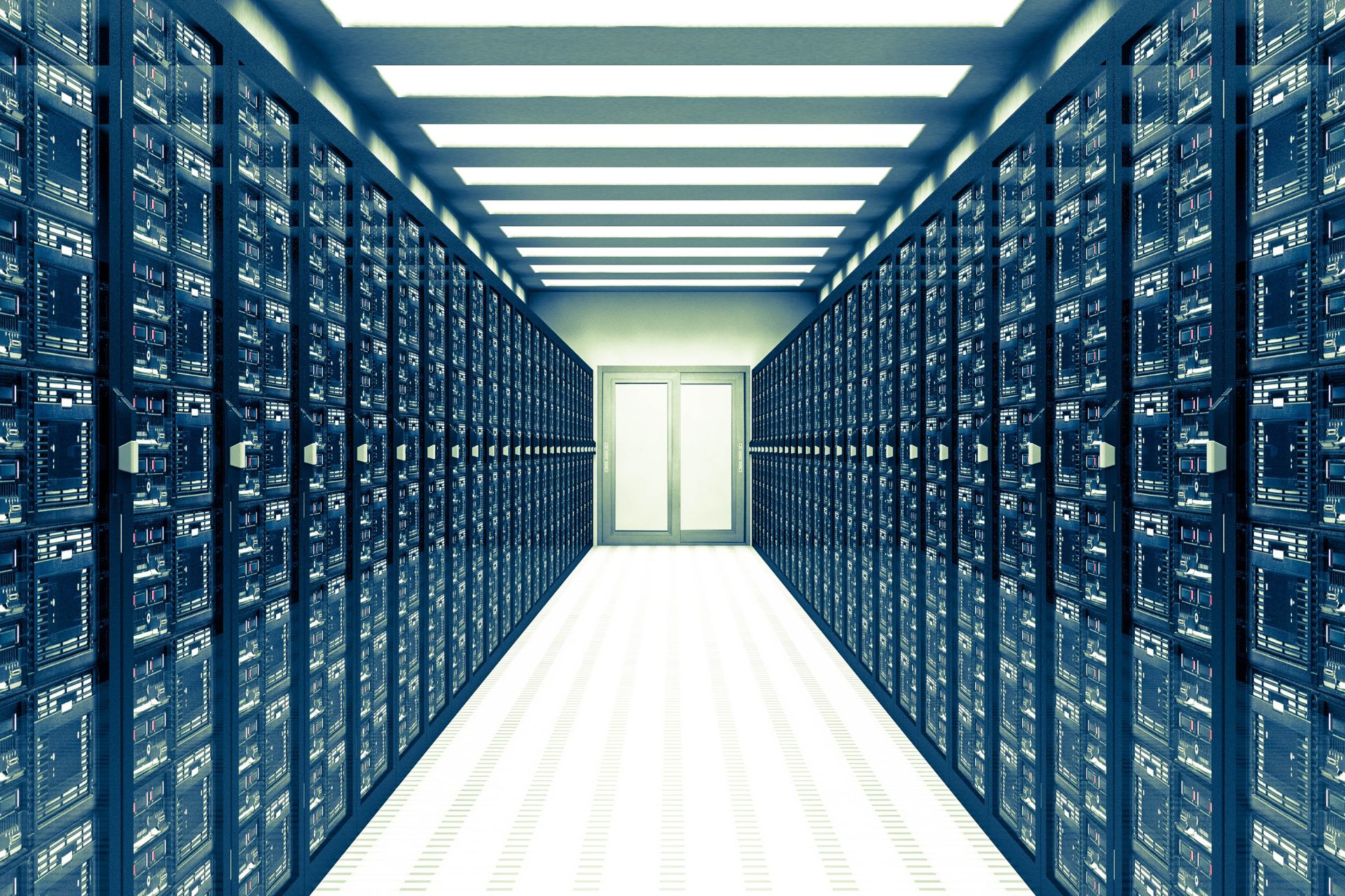A brightly lit data center server room with rows of server racks lining both sides and a double door at the end of the aisle, supporting cloud operations.