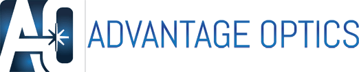 Advantage Optics logo featuring stylized "A" and "O" with a light beam graphic, followed by the company name in blue uppercase letters.