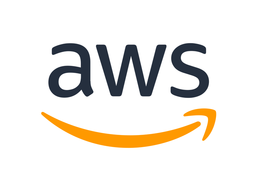 The image shows the AWS logo with "AWS" in bold letters above a curved orange line resembling a smile.