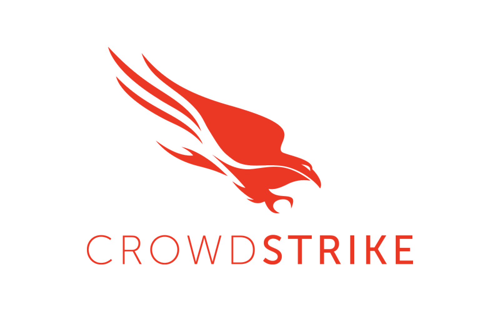 Red silhouette of a flying falcon above the word “CrowdStrike” in red capital letters on a white background.