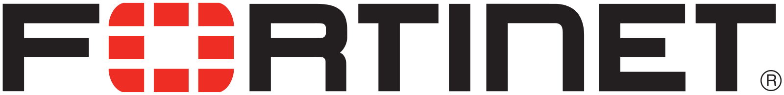 Fortinet logo featuring bold black text with a red shield design in place of the "O.