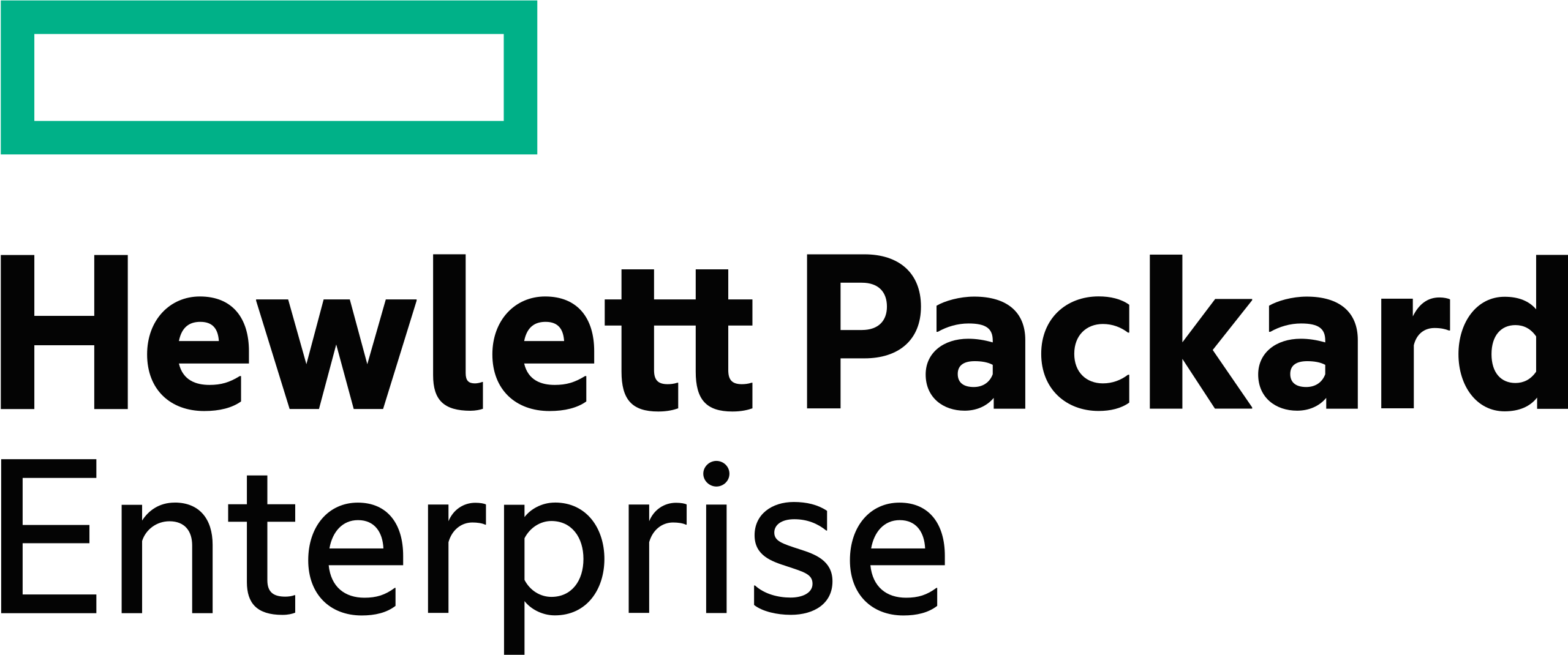 Hewlett Packard Enterprise logo featuring a green rectangular outline above the company name in black text on a white background.