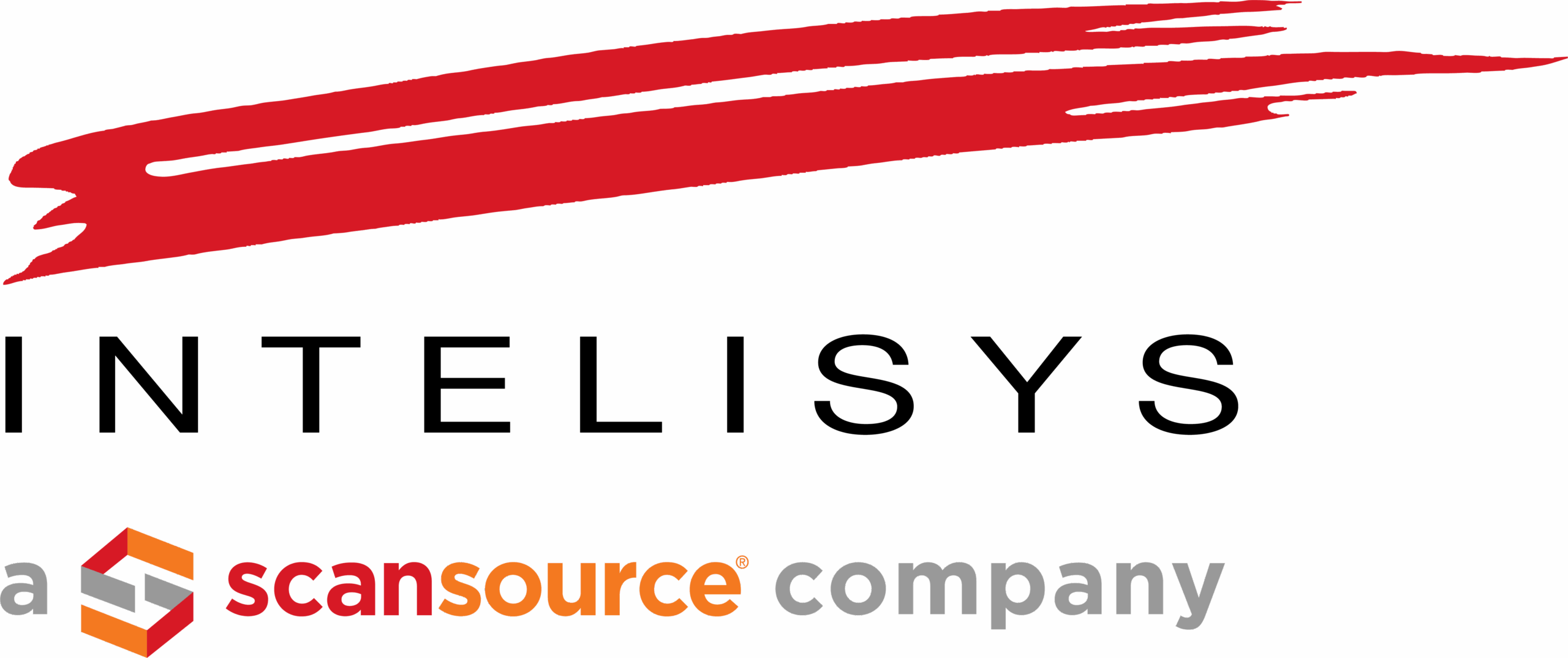 Intelisys logo with the tagline "a ScanSource company" beneath it. The background is red with a brushstroke design above the word Intelisys.