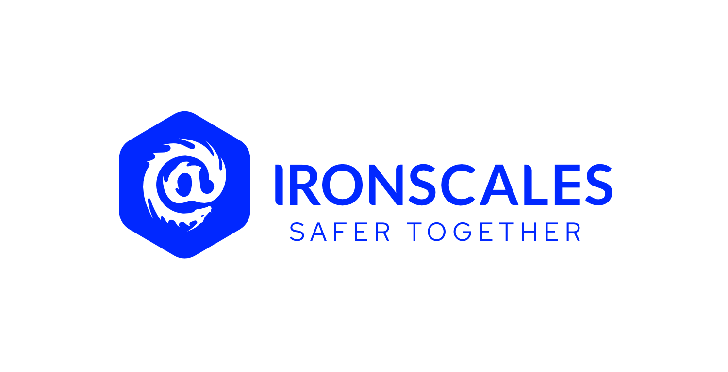 IRONSCALES logo with a hexagon containing an @ symbol surrounded by a circular design, next to the text "IRONSCALES SAFER TOGETHER" on a white background.
