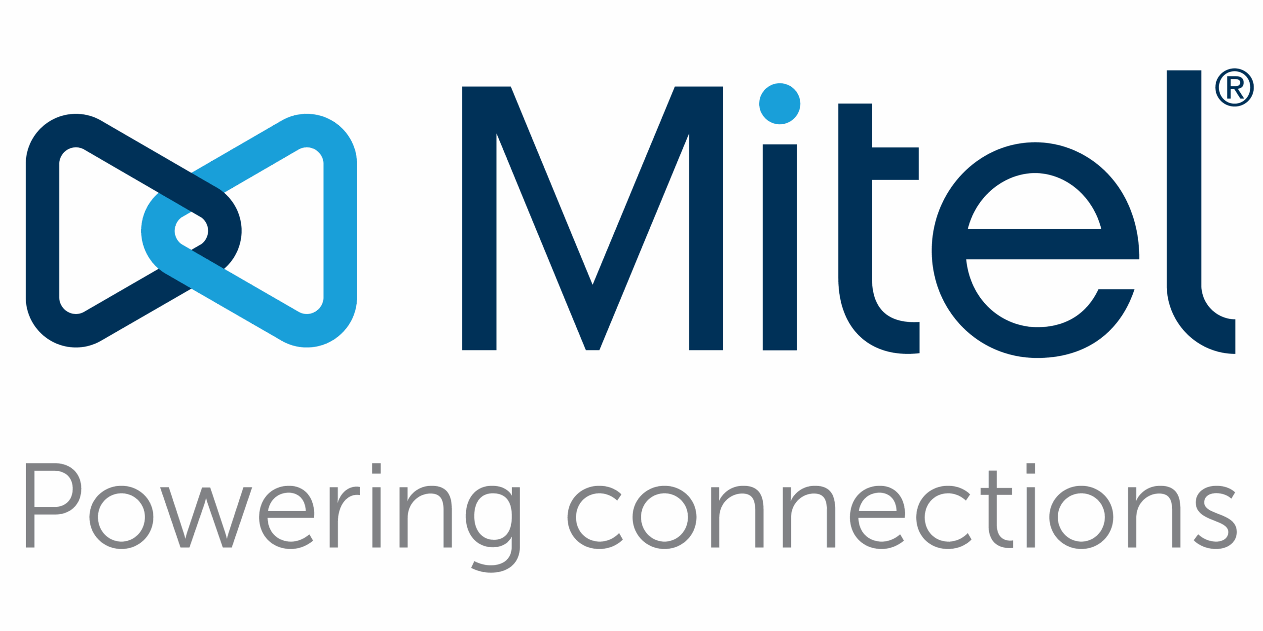 Mitel logo with a blue abstract icon and the text “Mitel Powering connections” in dark blue and gray letters.