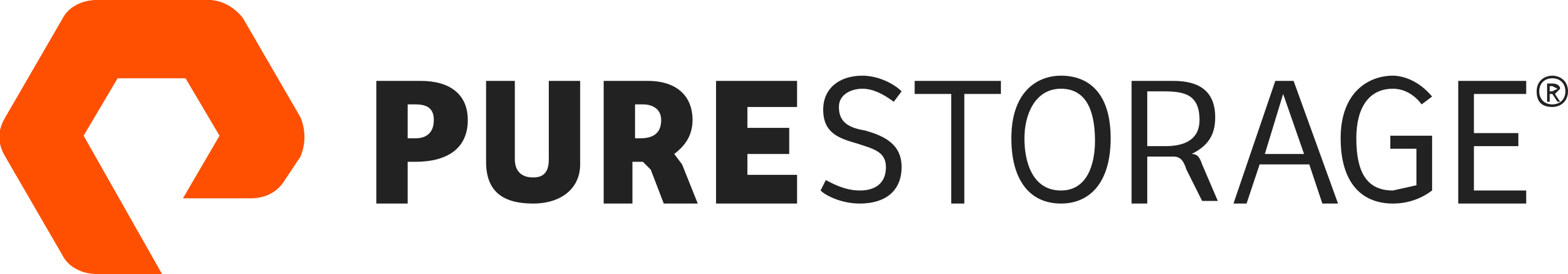 Pure Storage logo with an orange geometric icon to the left of the company name in black capital letters on a transparent background.