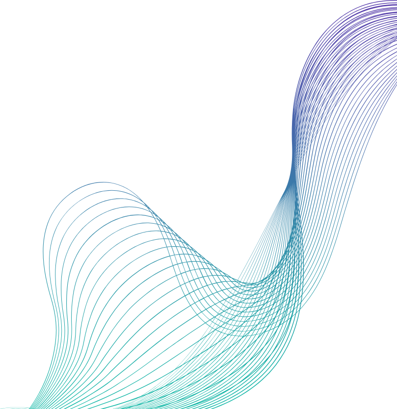 Curved, overlapping lines in blue and green gradient form an abstract wave pattern on a white background.