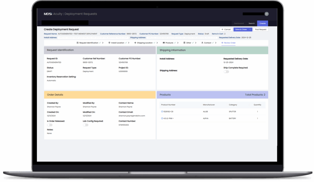 A laptop screen displays a deployment request form with sections for request identification, order details, shipping information, and product list.