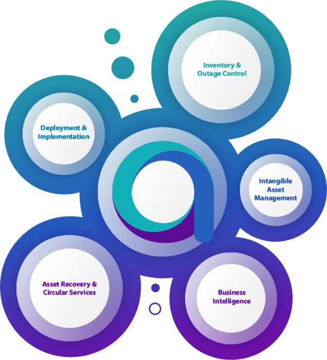 Diagram with five labeled circles: Inventory & Outage Control, Deployment & Implementation, Intangible Asset Management, Asset Recovery & Circular Services, and Business Intelligence.