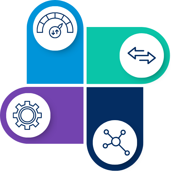 A graphic with four colored quadrants, each representing a Multi-Service Operator's offerings with icons: a gauge, arrows, a gear, and a connected network.