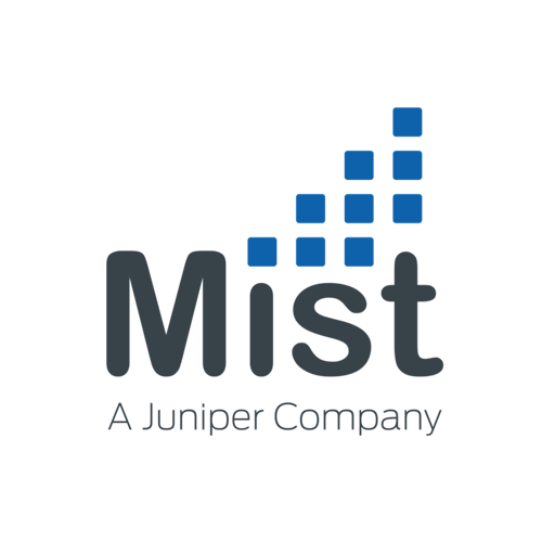 Mist company logo with the text "Mist" in large font and "A Juniper Company" below it; five small blue squares are arranged in a rising staircase pattern above the text.