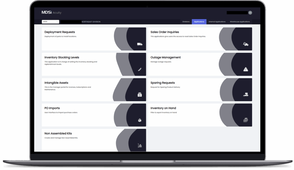 A laptop screen displays a dashboard with sections for deployment requests, inventory levels, assets, PO imports, order inquiries, outage management, sporting requests, and inventory on hand.
