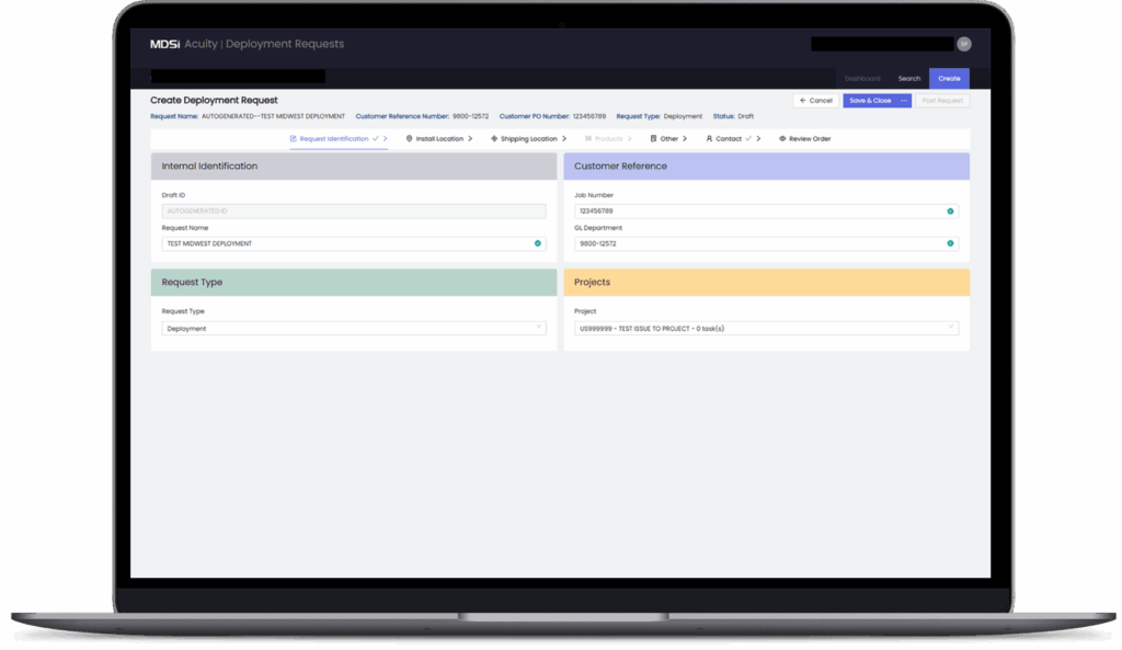 A laptop screen displays a web form titled "Create Deployment Request" with fields for request type, project selection, and customer reference.