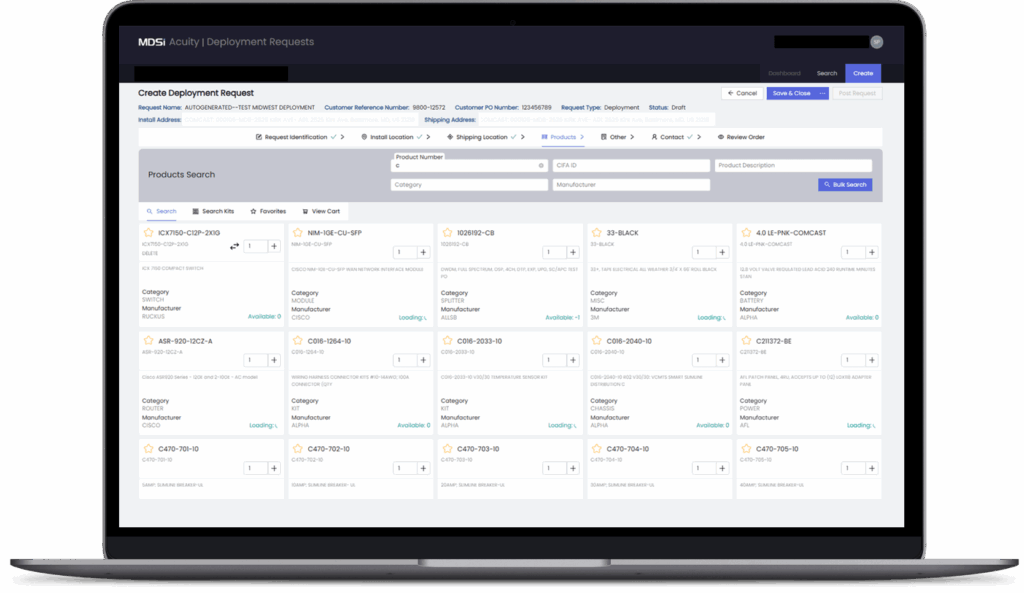 A laptop screen displays a product search interface with categorized product cards, filters, and navigation tabs for creating a deployment request.