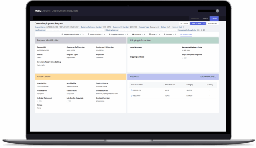 A laptop screen displays a software dashboard showing sections for request identification, order details, shipping information, and a table of products.