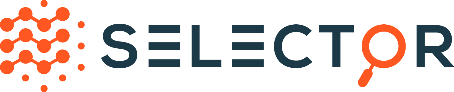 Logo featuring the word "SELECTOR" in bold letters, with an orange network graphic on the left and the letter "O" stylized as a magnifying glass.
