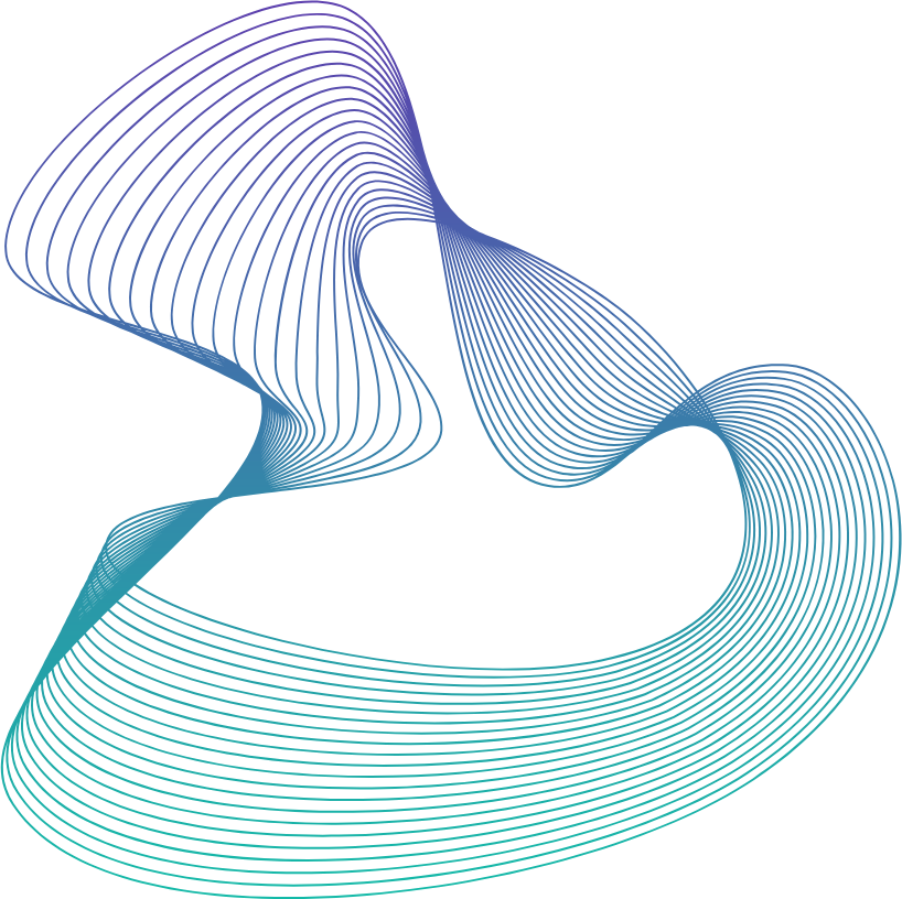 Abstract image of curved, overlapping gradient lines forming a dynamic, flowing shape with blue and green tones on a white background.