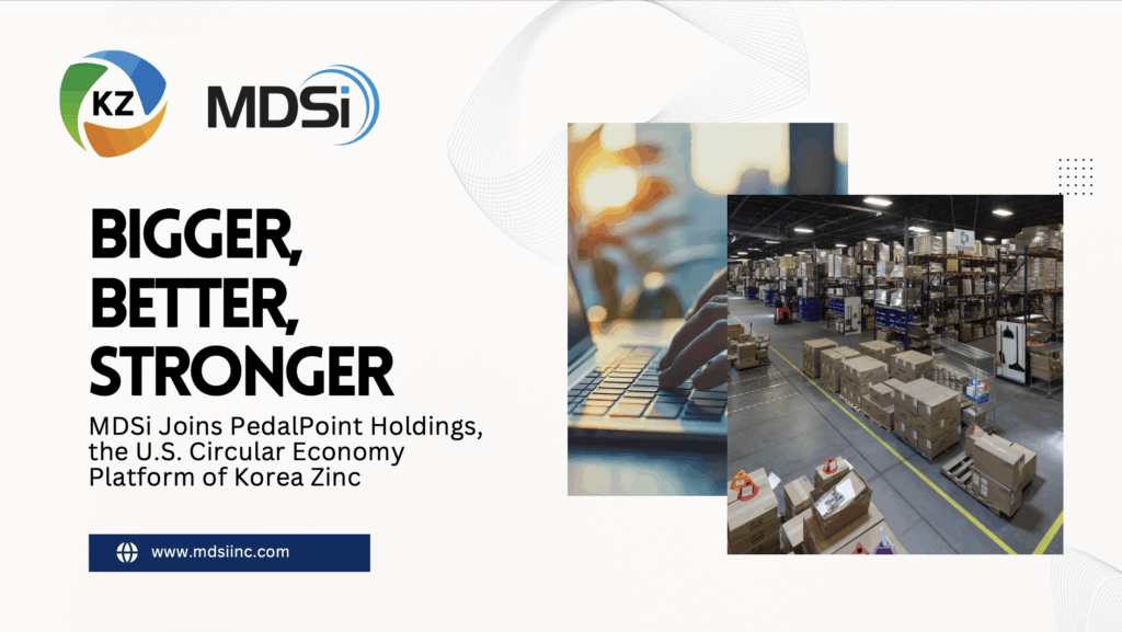 Logos of Korea Zinc and MDSi, text announcing MDSi joining PedalPoint Holdings to advance the circular economy, and images of a person typing and a warehouse with stacked boxes.